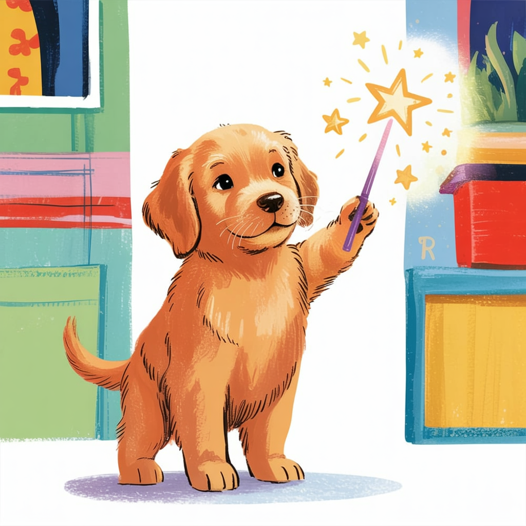 Children's book style illustration of a puppy with a magic wand