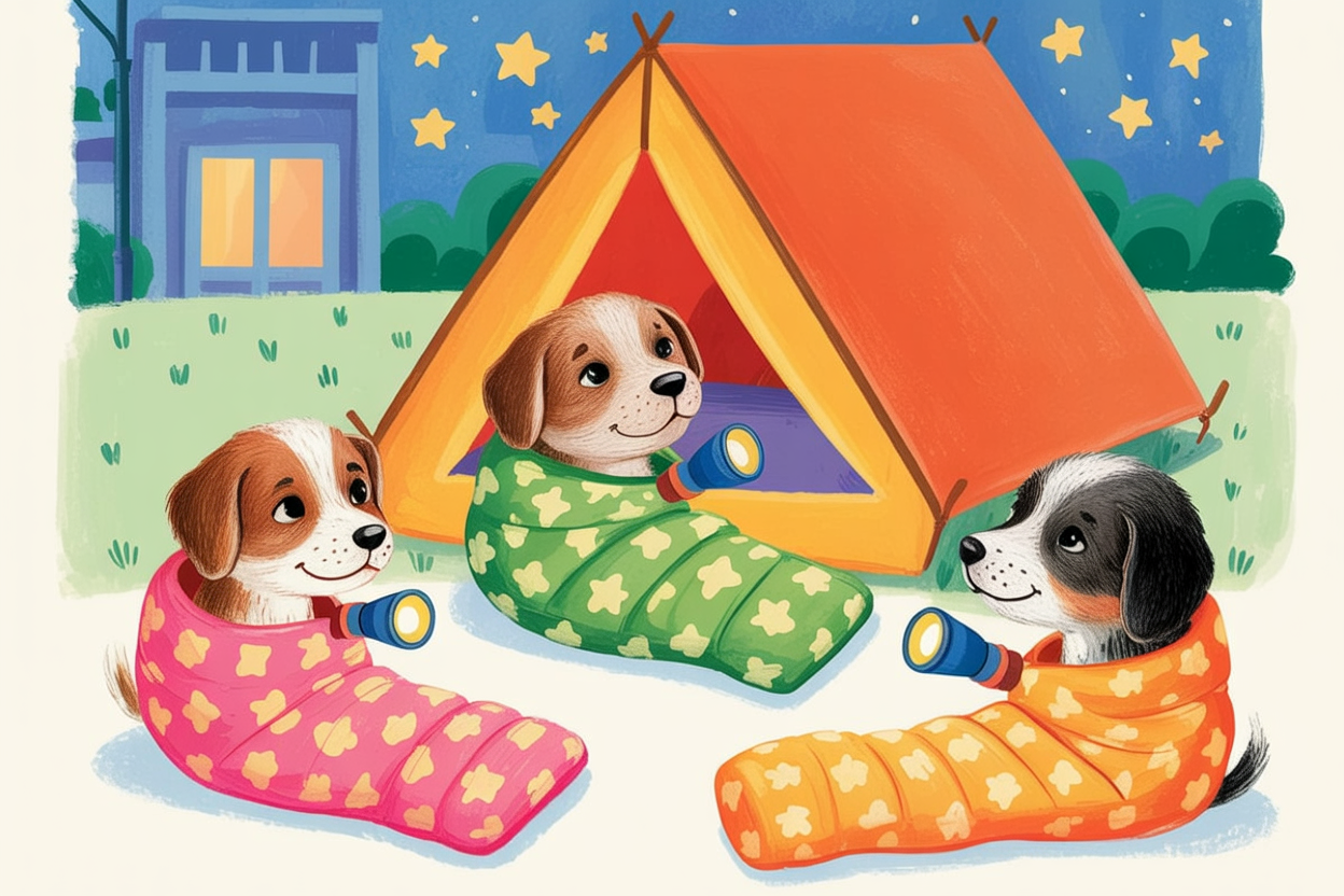 Children's book style illustration of puppies at a sleepover