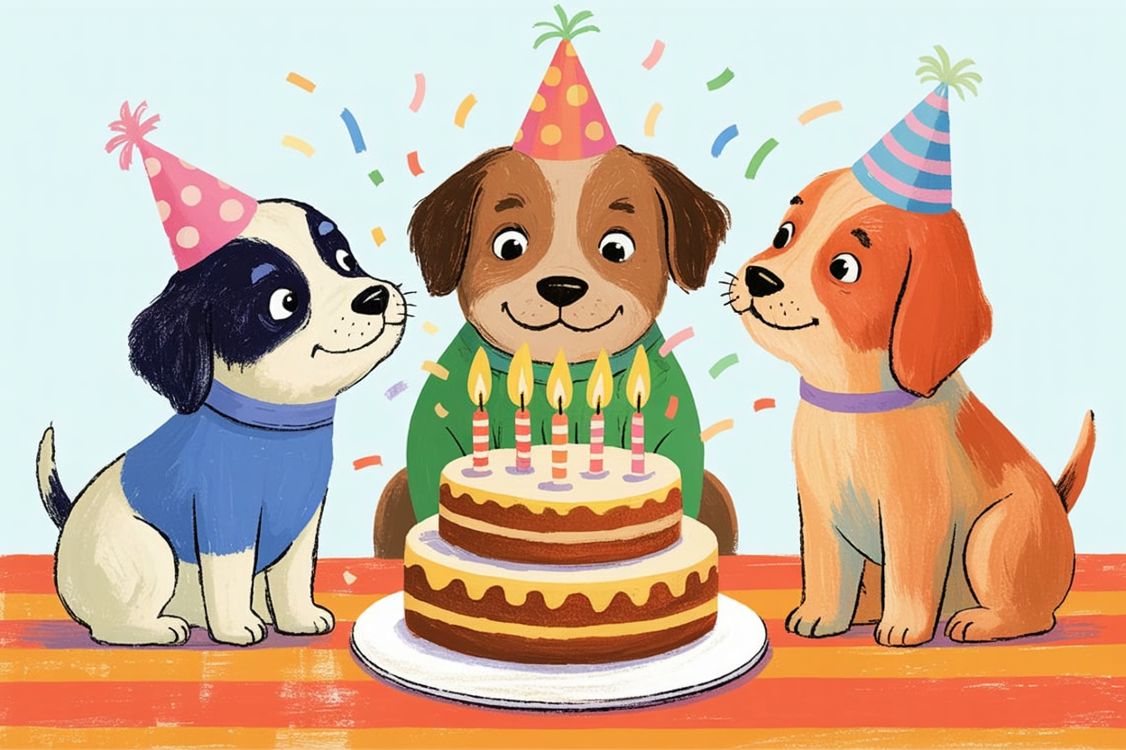 Children's book style illustration of puppies at a birthday party