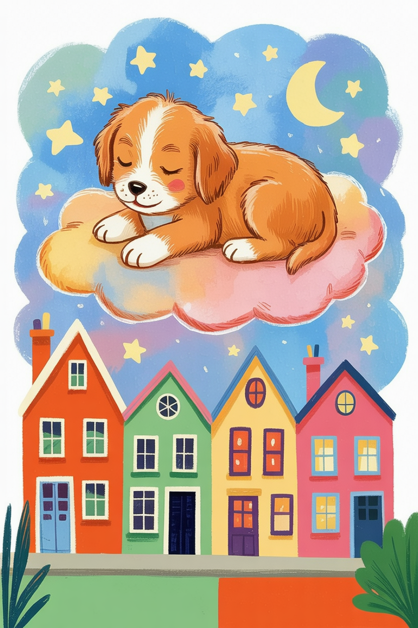 Children's book style illustration of a puppy sleeping on a cloud