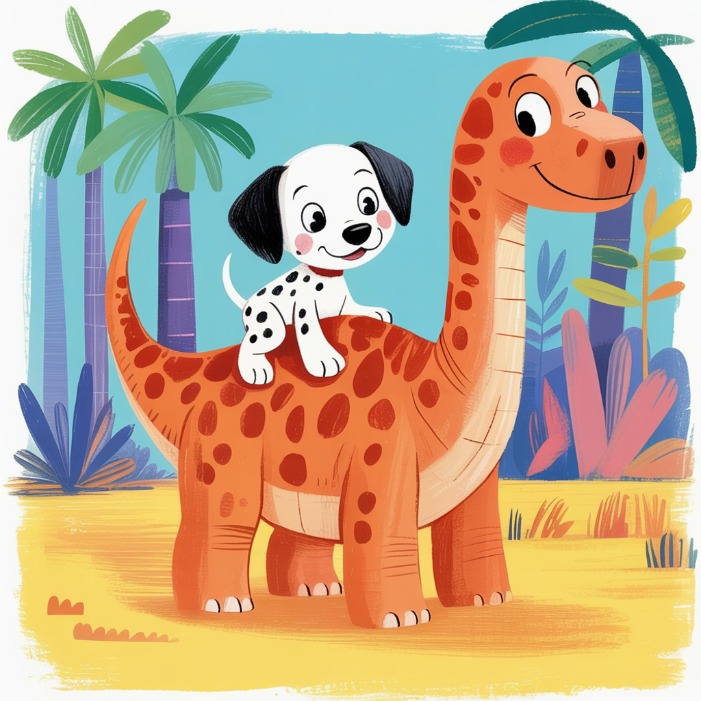Children's book style illustration of a puppy riding a dinosaur