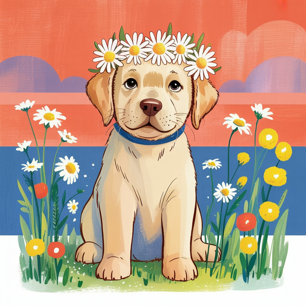 Children's book style illustration of a puppy with a flower crown