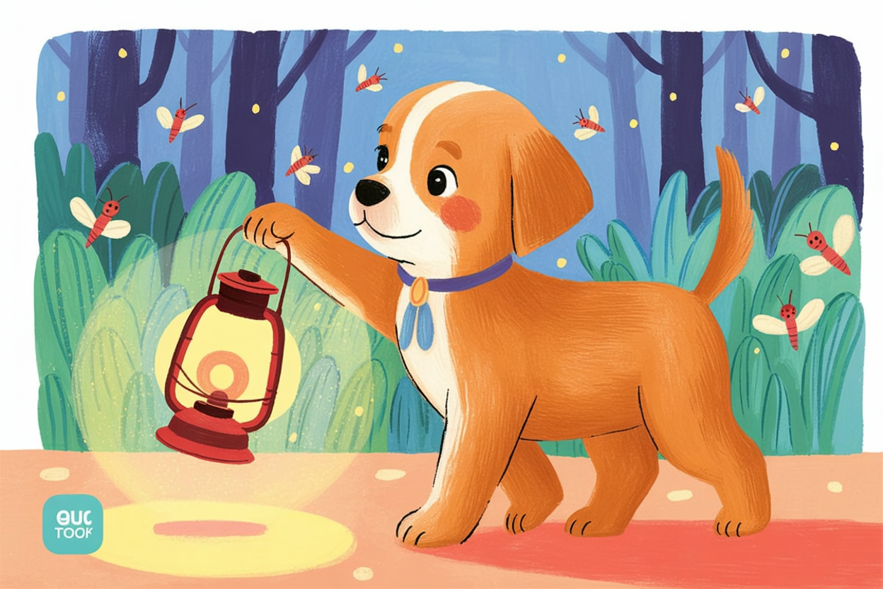 Children's book style illustration of a puppy with a lantern in the forest