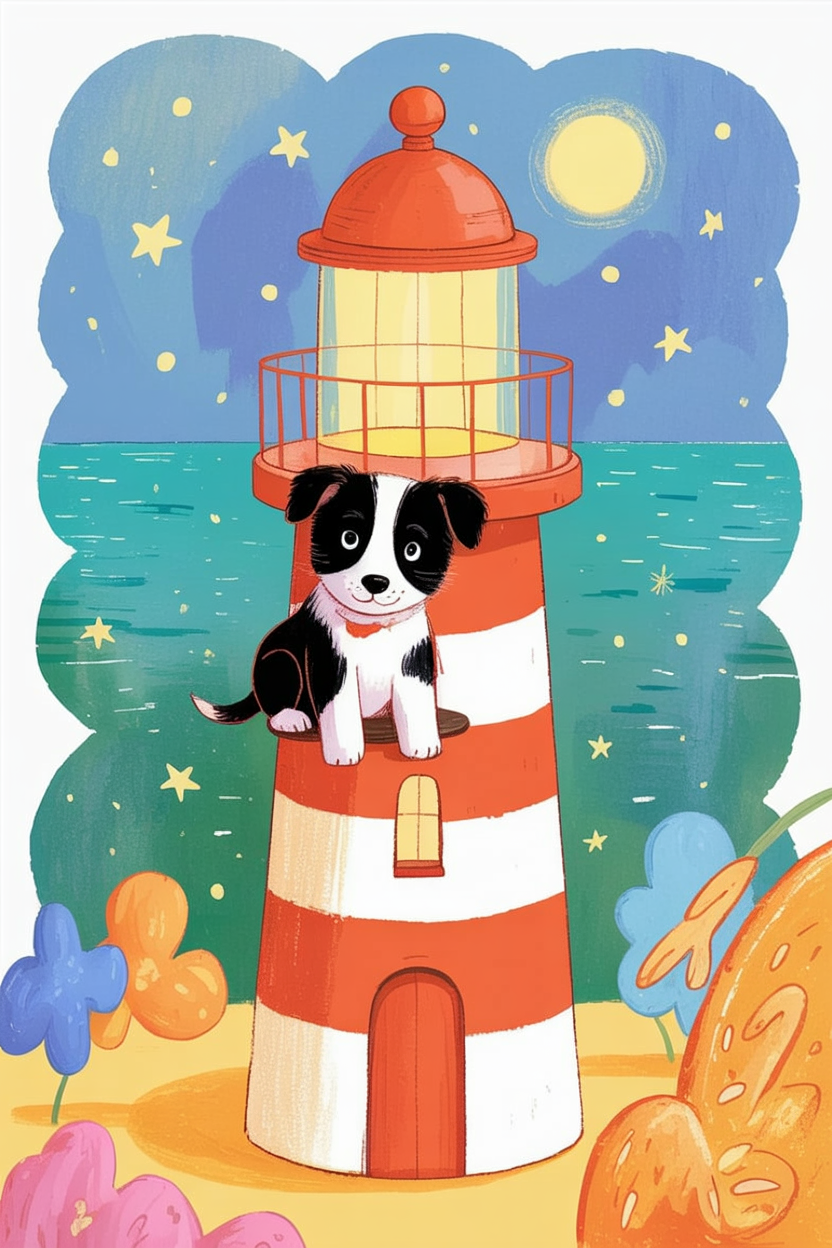 Children's book style illustration of a puppy at a lighthouse