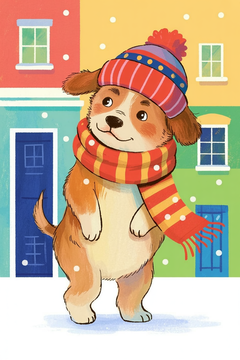 Children's book style illustration of a puppy in a winter scarf