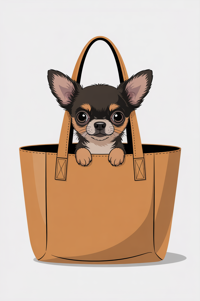 Flat vector illustration of a chihuahua in a bag