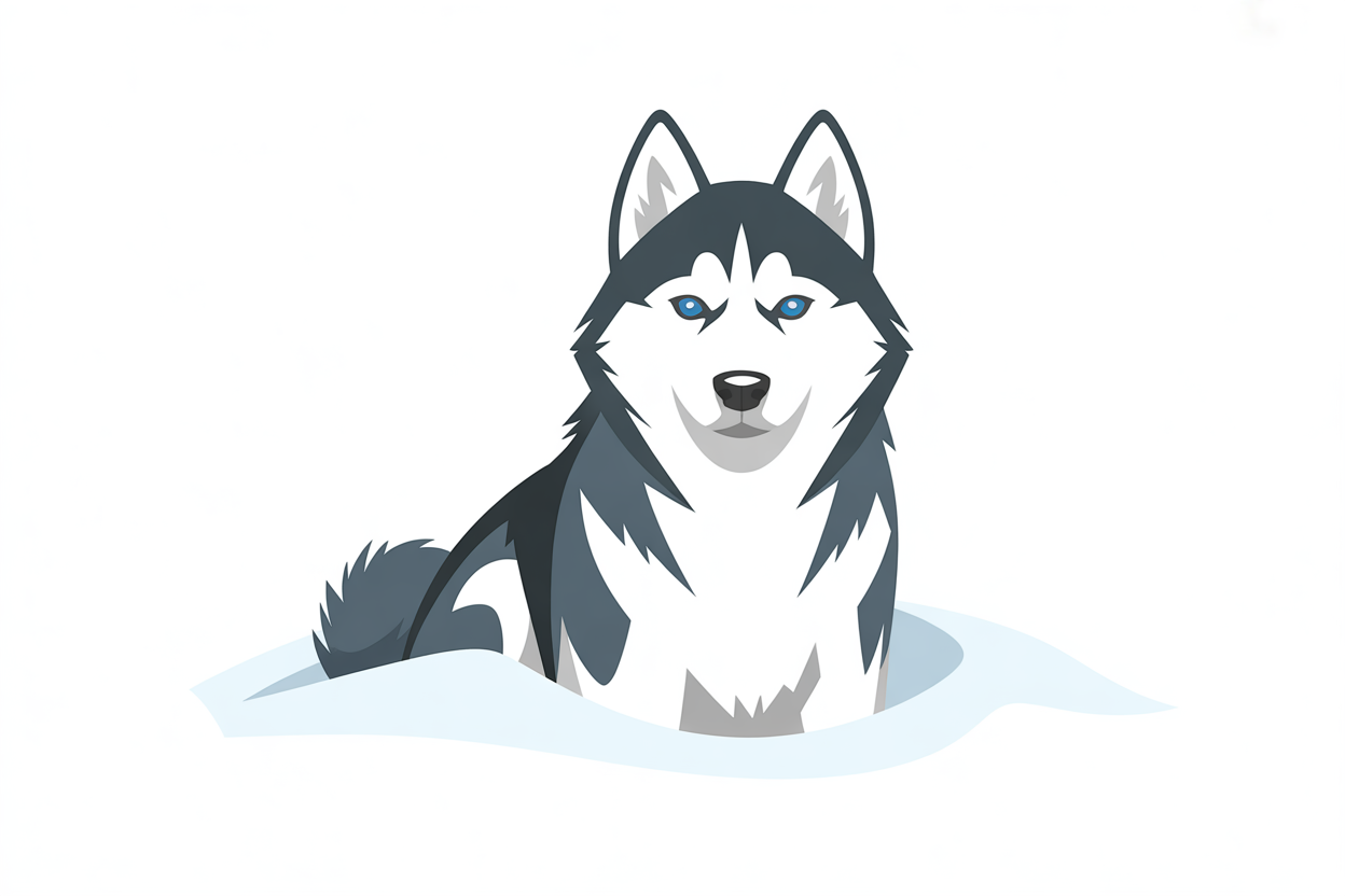 Flat vector illustration of a husky in snow