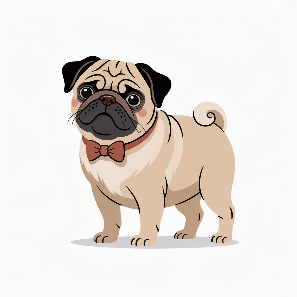 Flat vector illustration of a pug with a bow tie