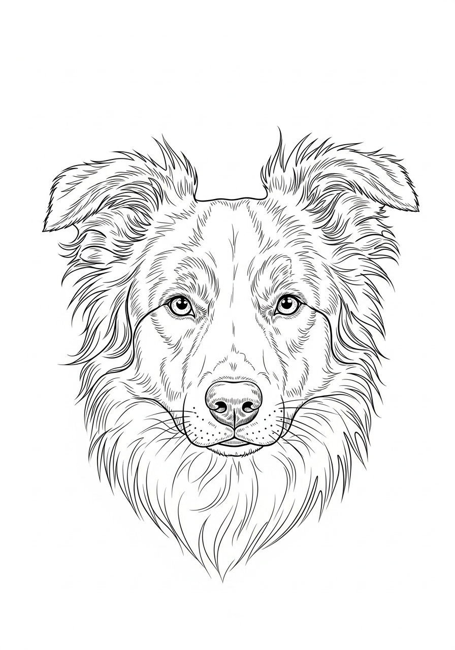 Line art illustration of a border collie portrait