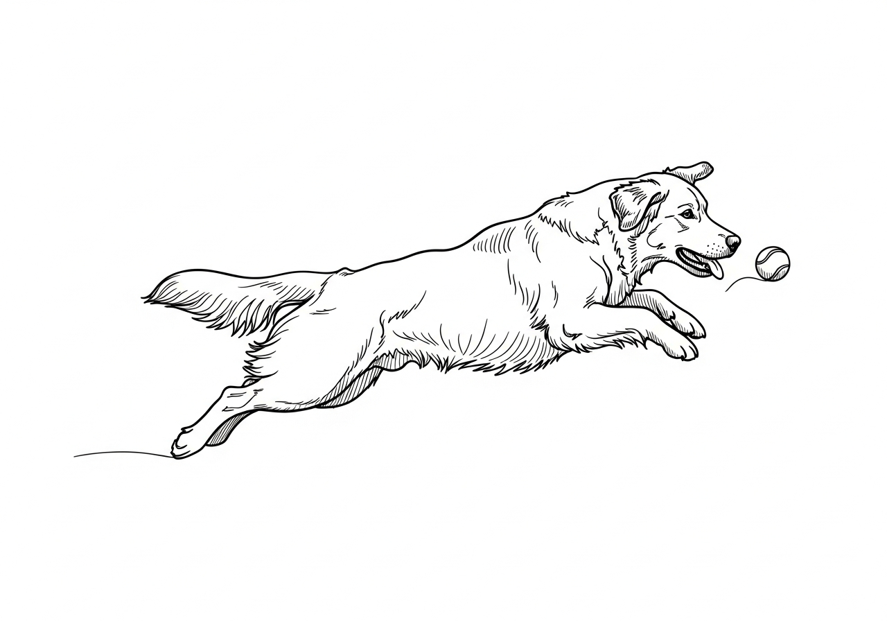 Line art illustration of a golden retriever catching a ball