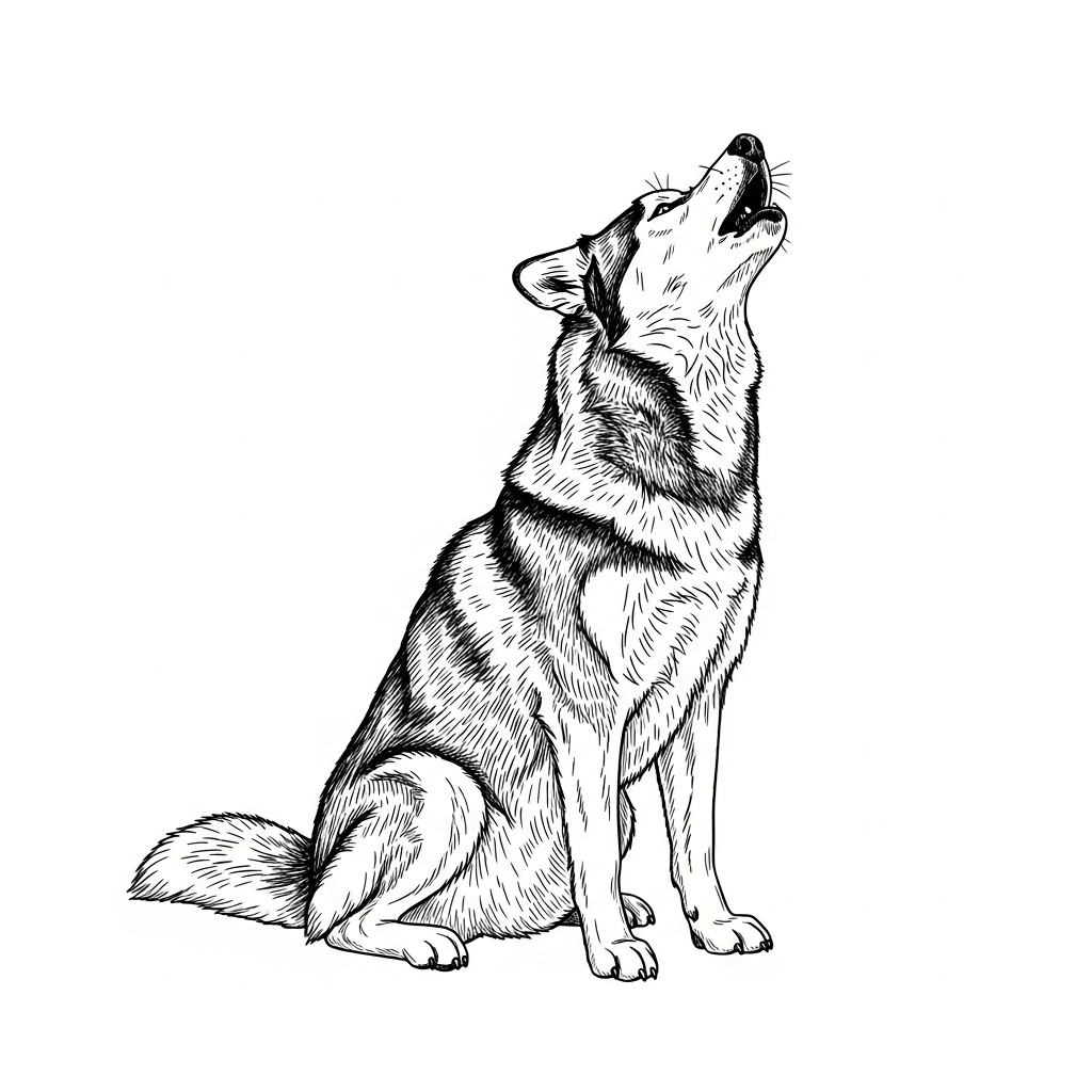 Line art illustration of a howling husky