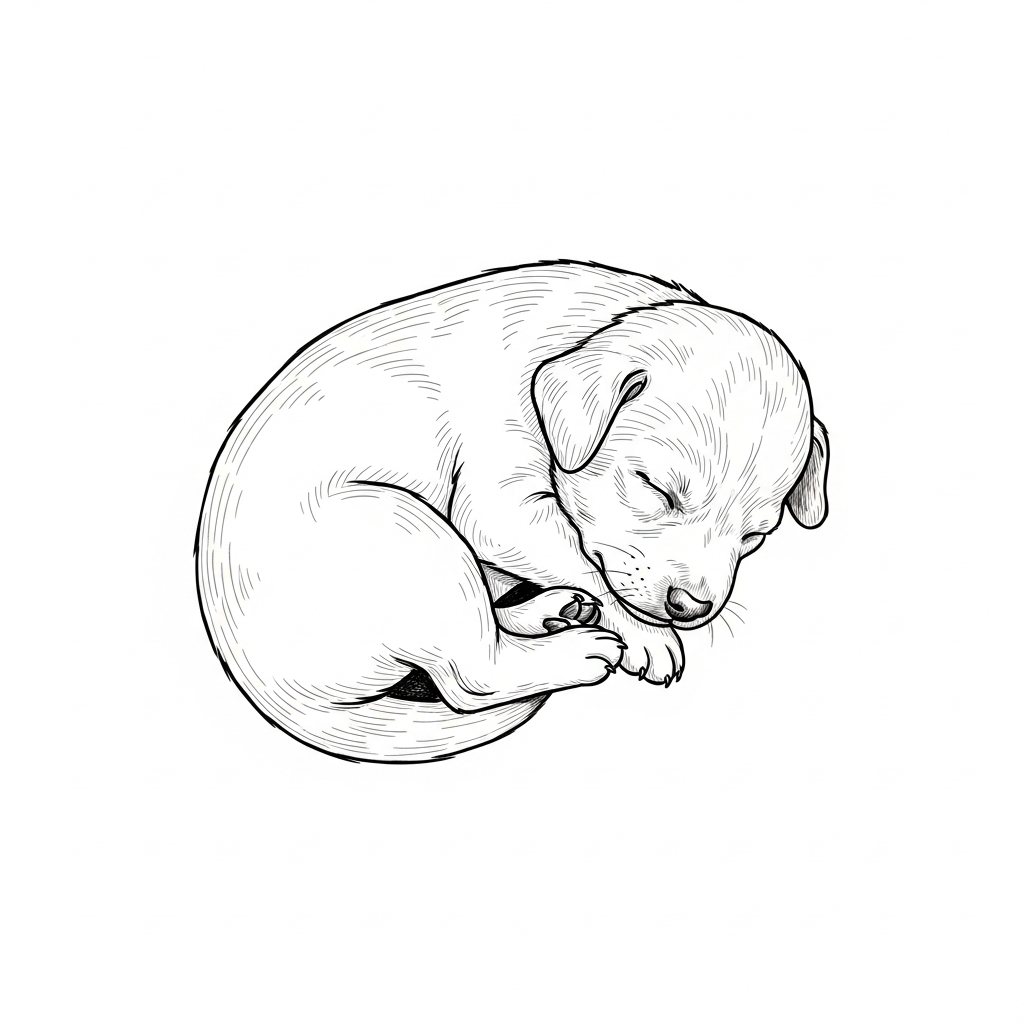 Line art illustration of a sleeping puppy