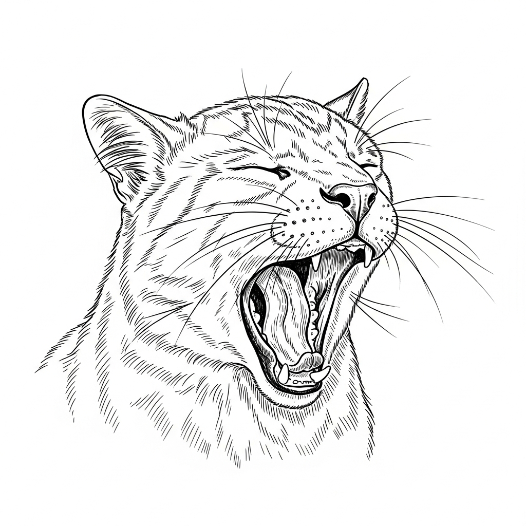 Line art illustration of a yawning puppy
