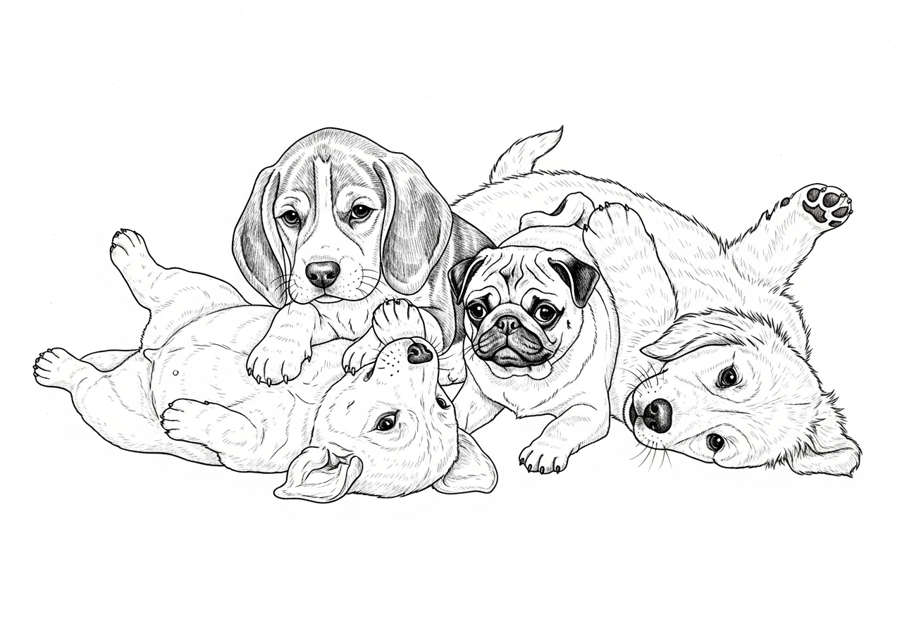 Line art illustration of three puppies playing