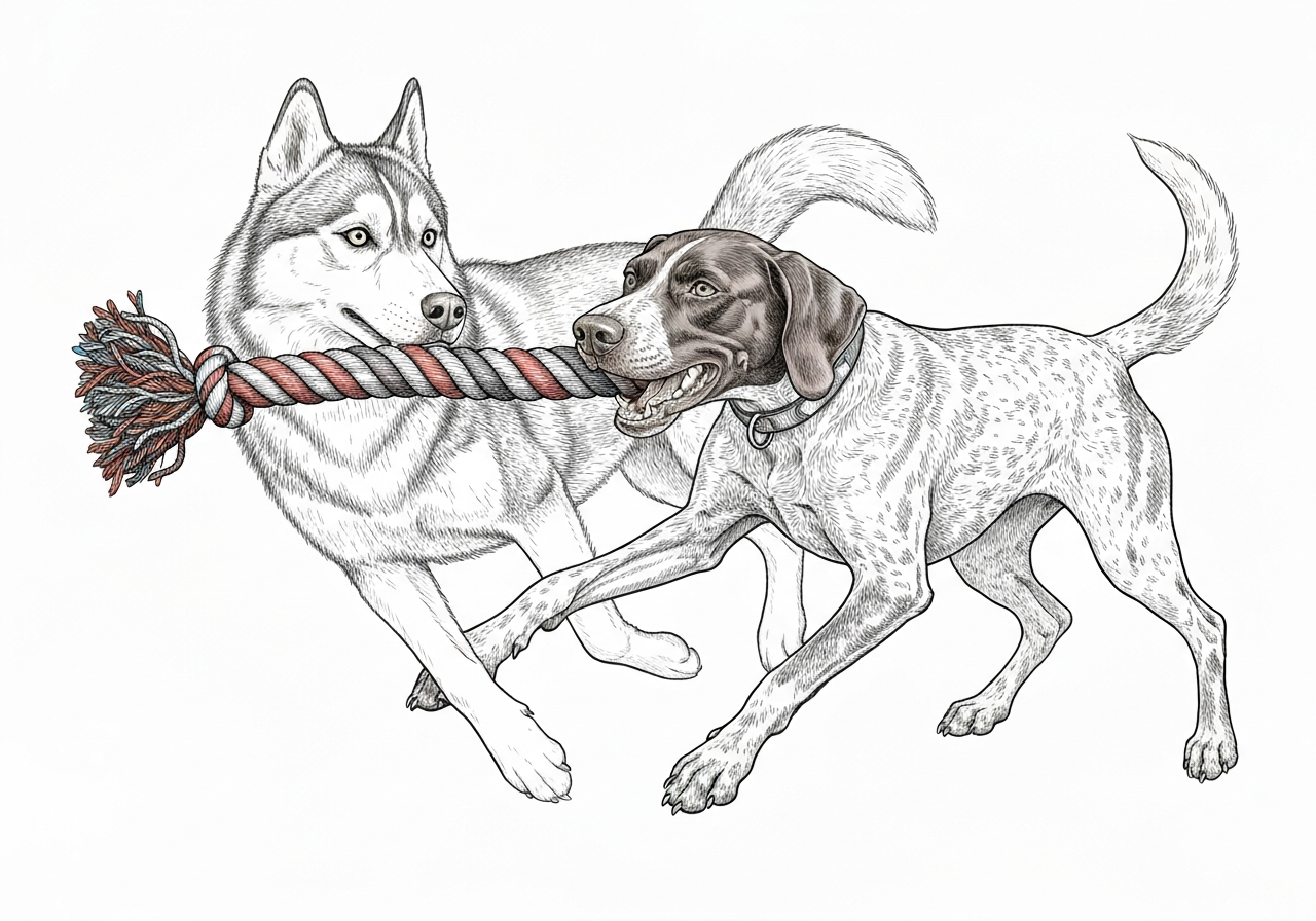 Line art illustration of two dogs playing tug-of-war