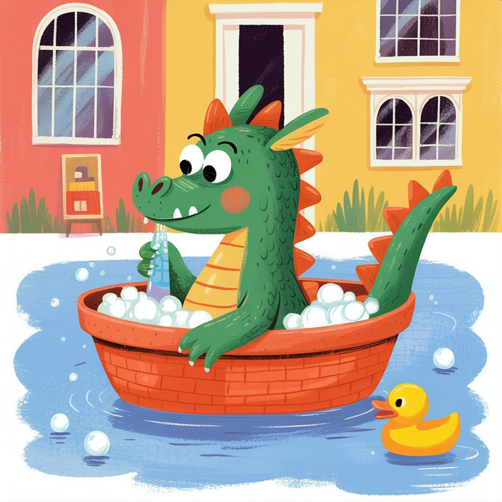 Children's book illustration of a dragon taking a bath
