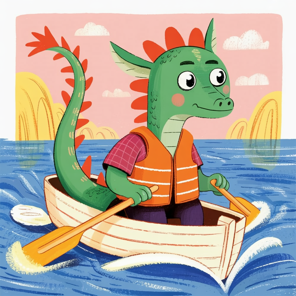Children's book illustration of a dragon in a tiny boat