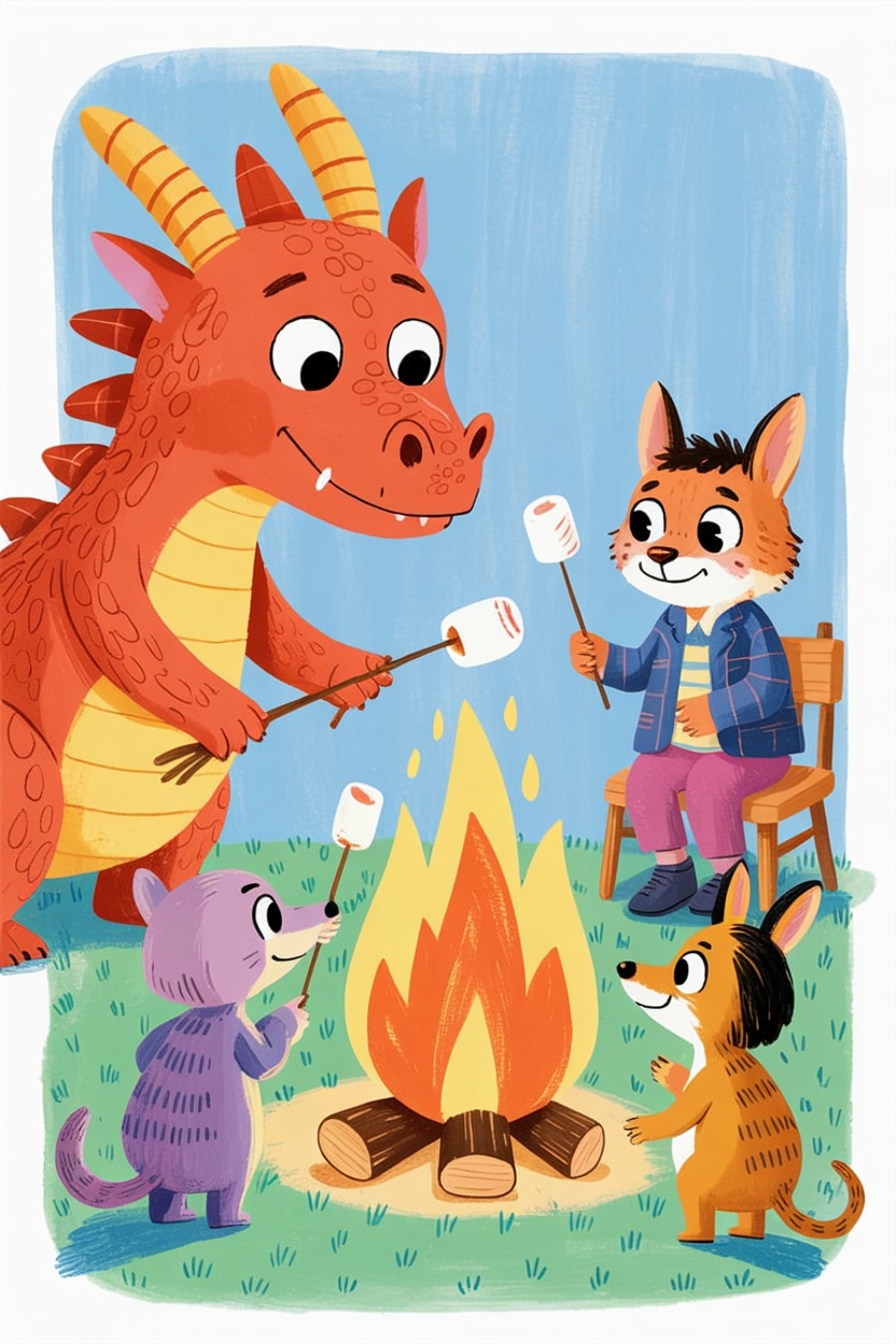 Children's book illustration of a dragon roasting marshmallows