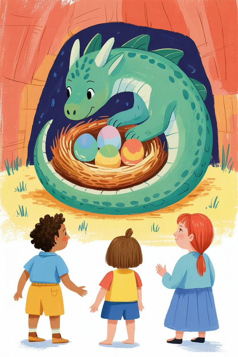 Children's book illustration of a dragon tending eggs