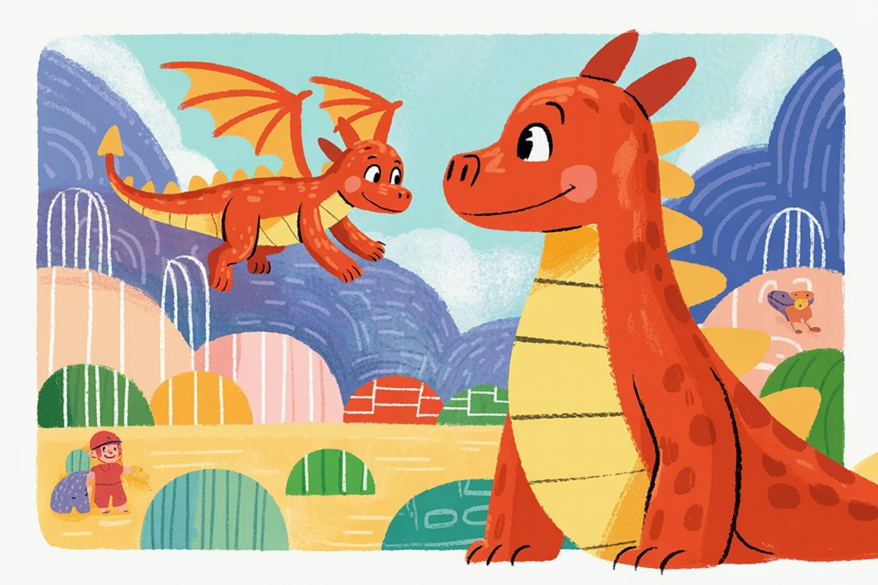 Children's book illustration of a dragon flying lesson