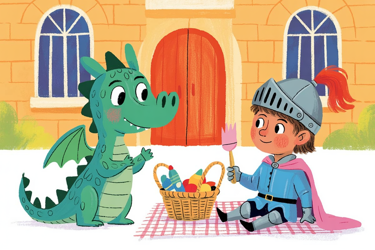 Children's book illustration of a dragon and knight having a picnic
