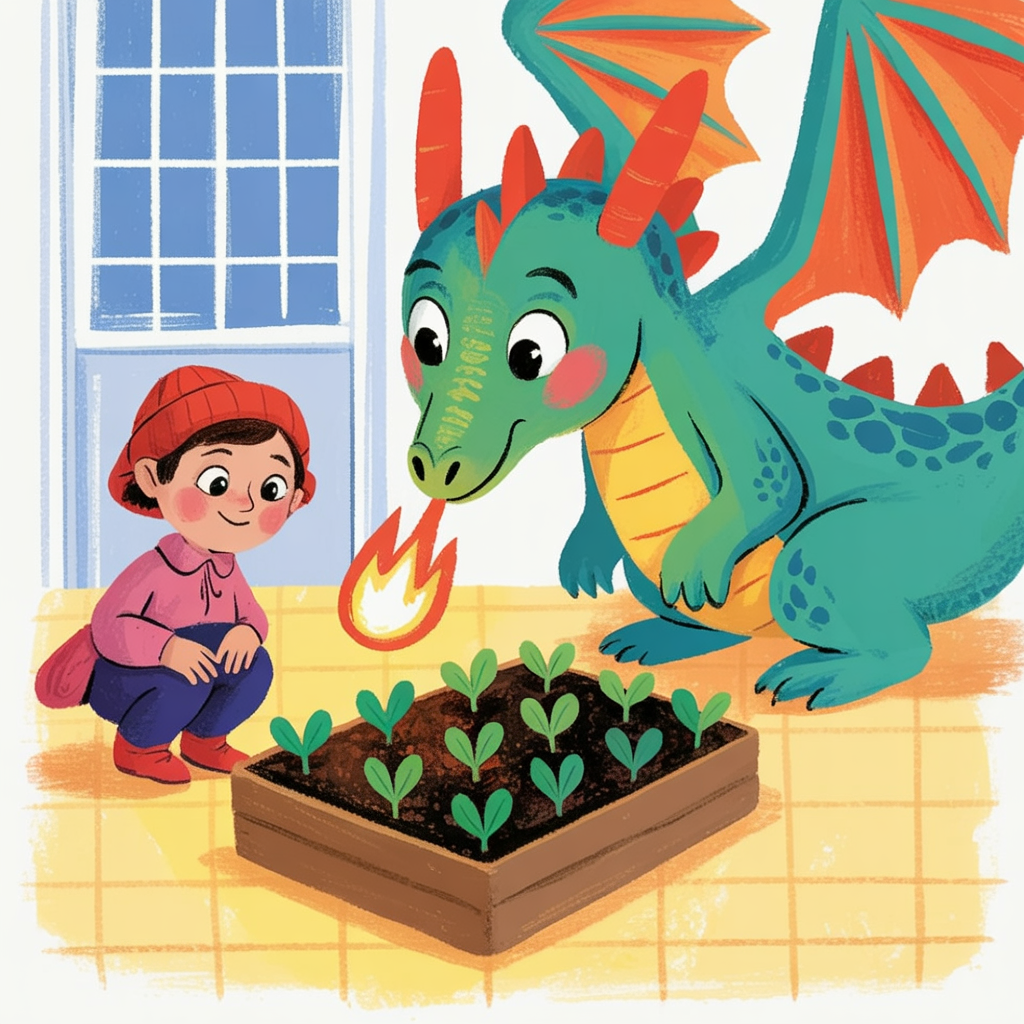 Children's book illustration of a dragon warming a garden