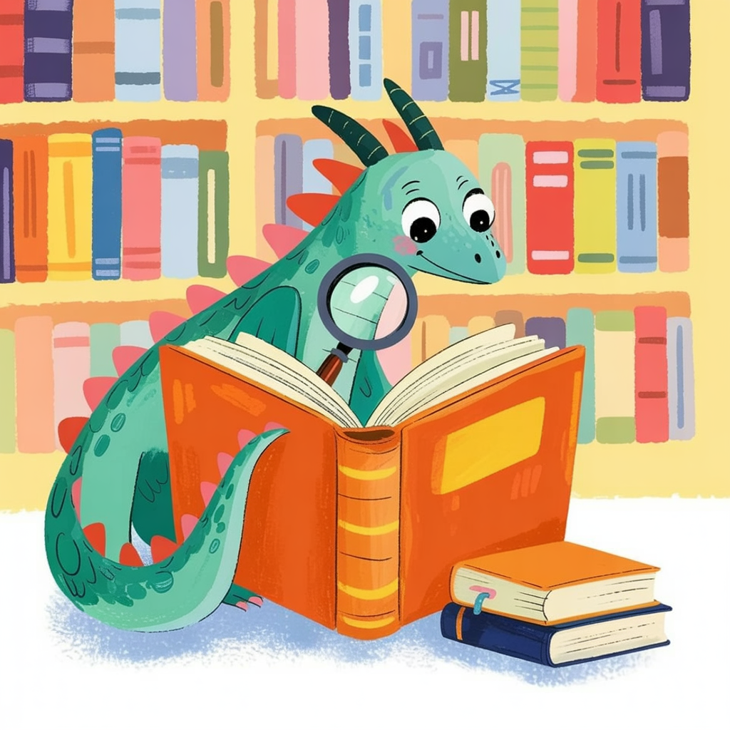 Children's book illustration of a dragon reading in a library