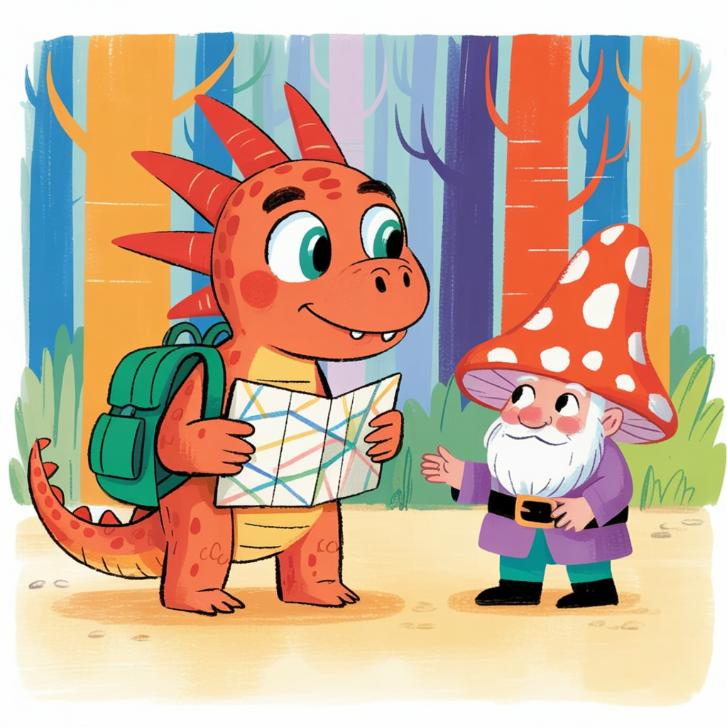 Children's book illustration of a lost young dragon
