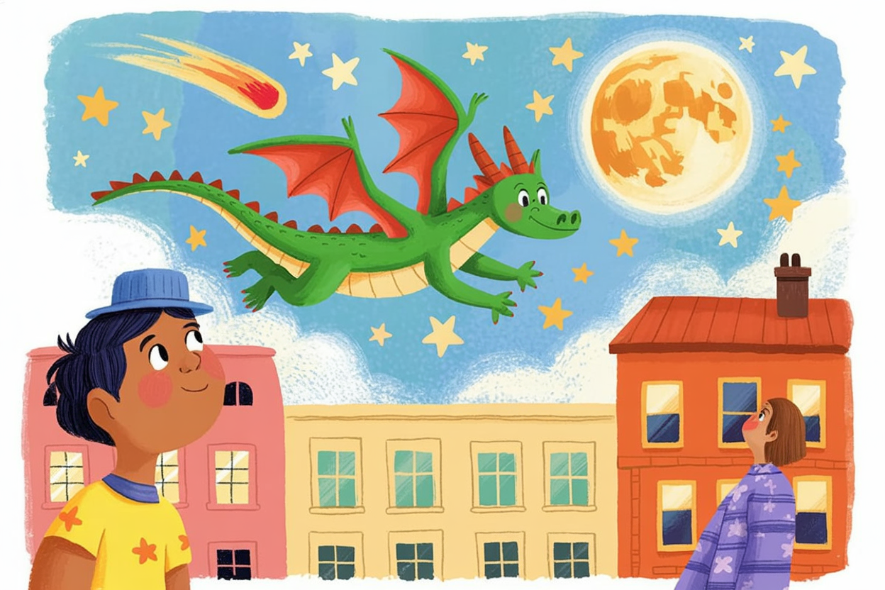 Children's book illustration of a dragon flying by the moon