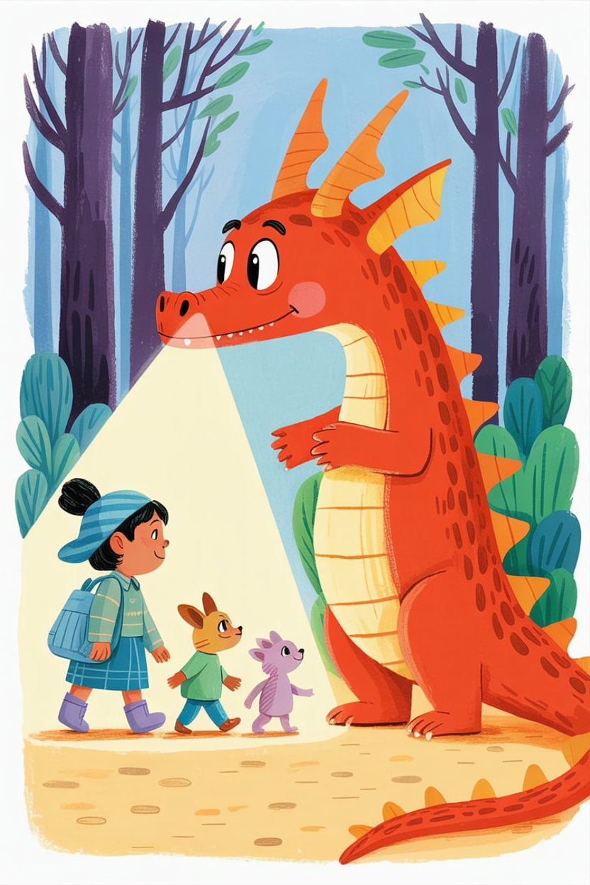 Children's book illustration of a dragon lighting the way
