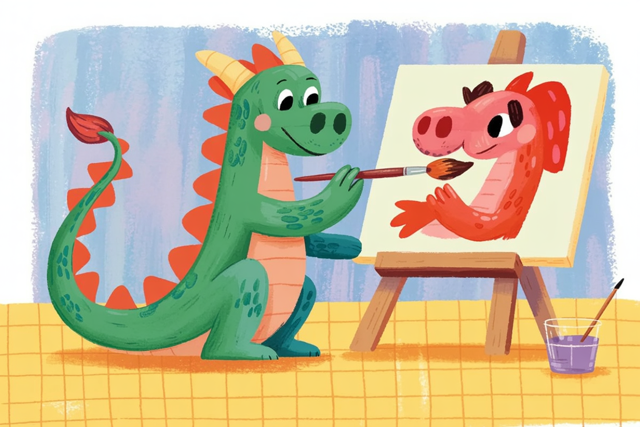 Children's book illustration of a dragon painting a self-portrait