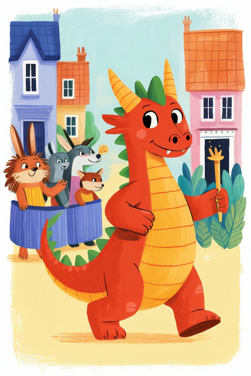 Children's book illustration of a dragon leading a parade