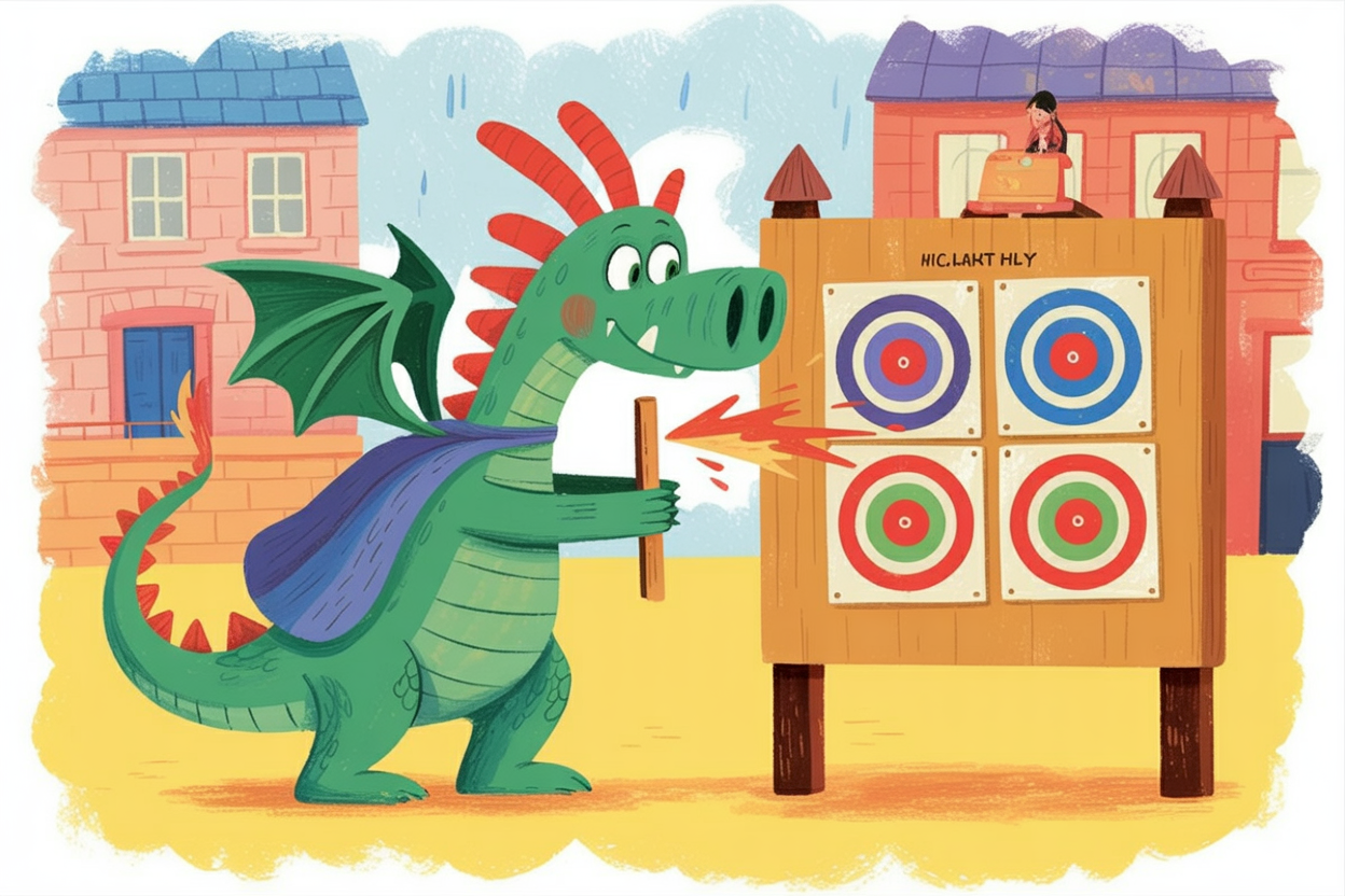 Children's book illustration of a dragon at knight school