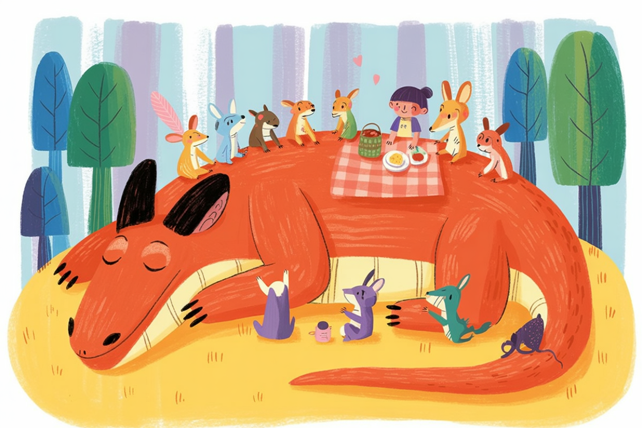 Children's book illustration of a sleeping dragon used as a picnic hill