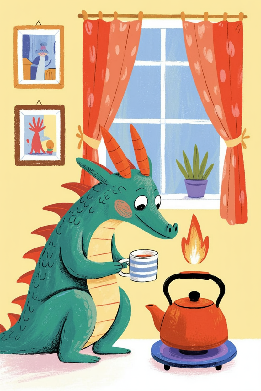 Children's book illustration of a dragon making tea