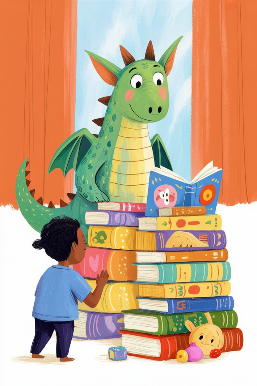 Children's book illustration of a dragon with a book treasure hoard