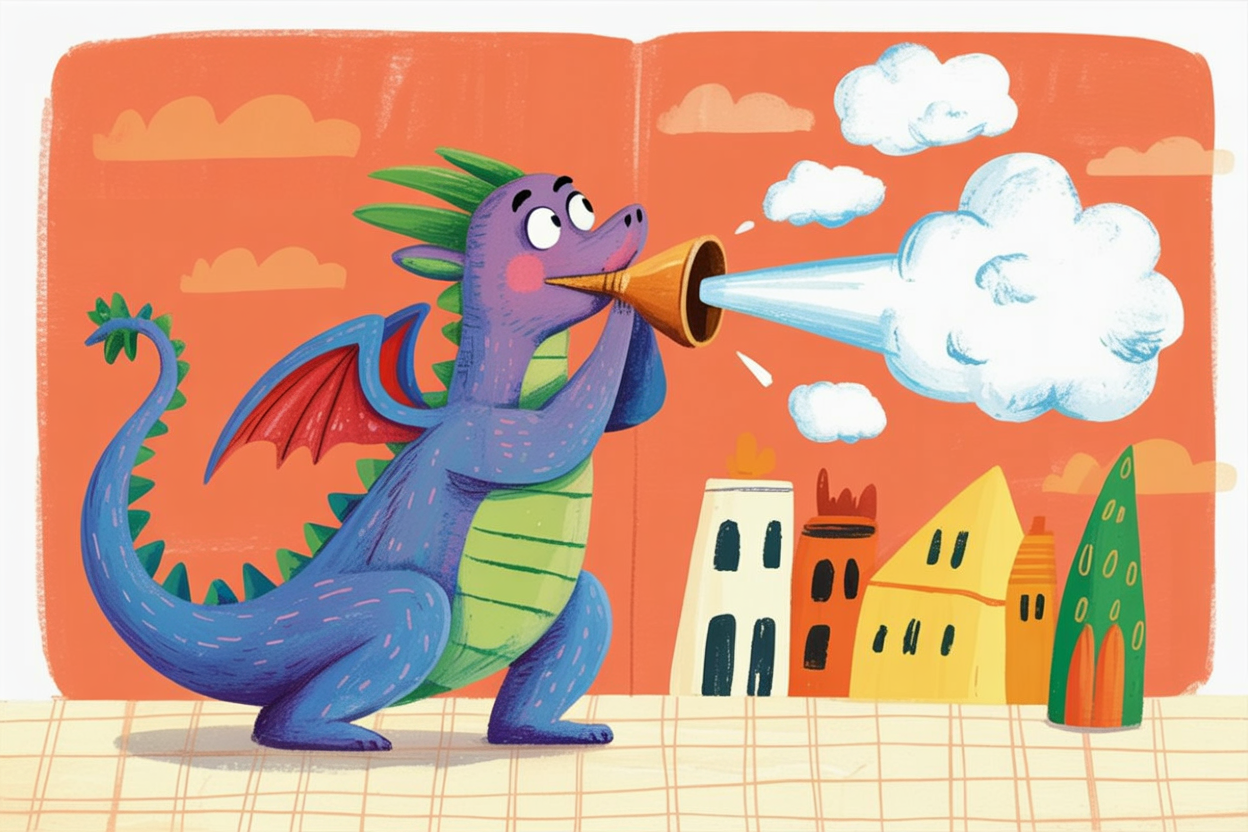 Children's book illustration of a dragon making clouds