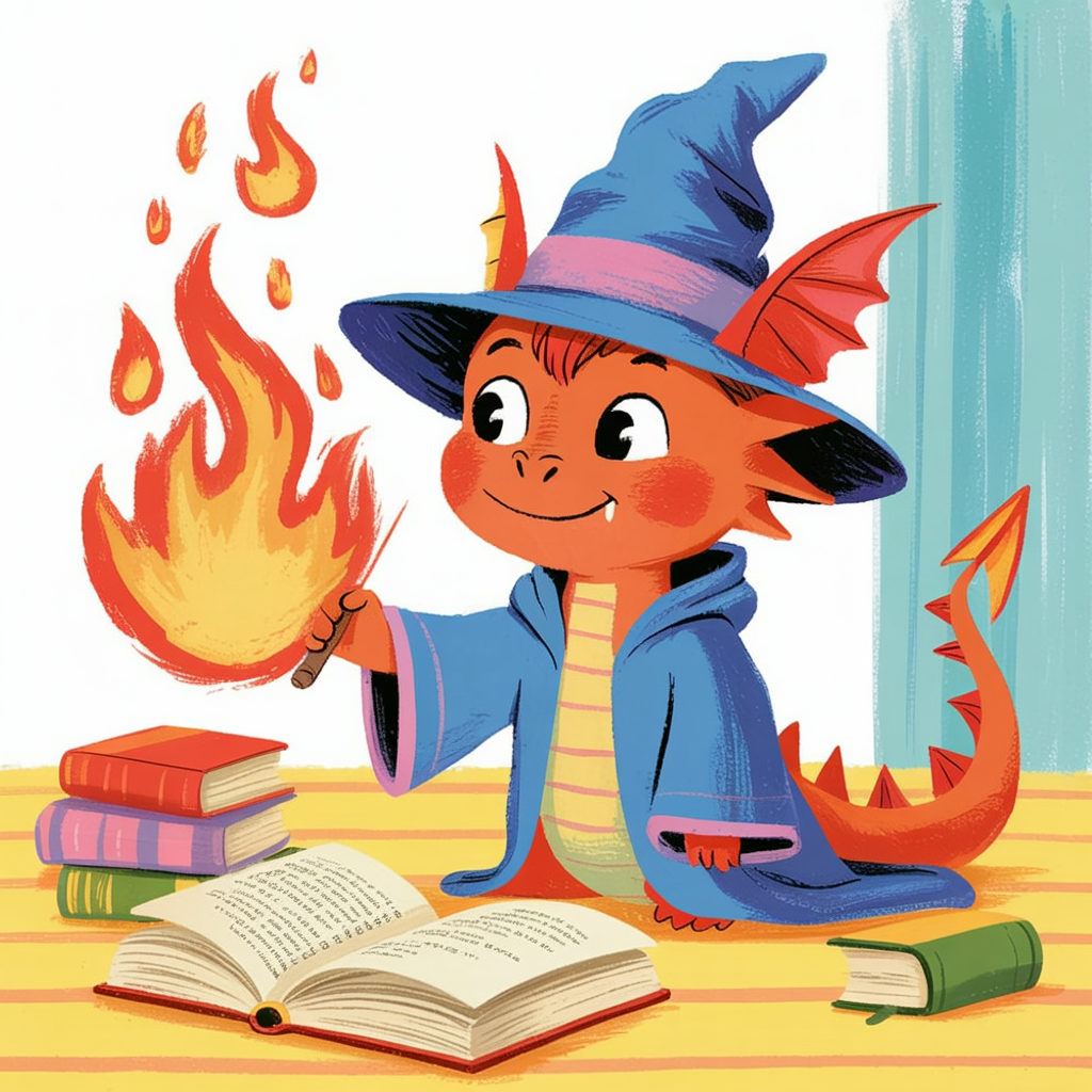 Children's book illustration of a dragon wizard apprentice
