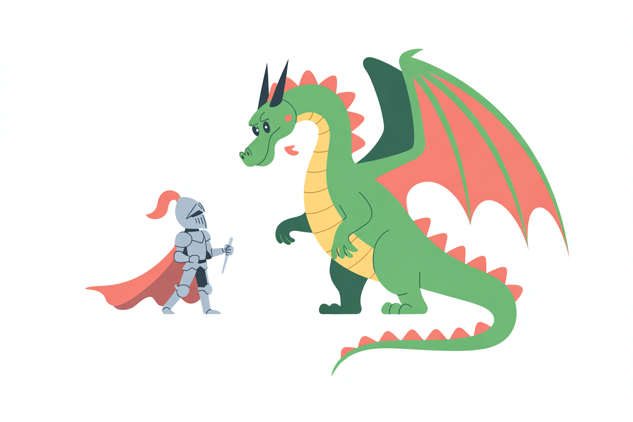 Flat vector illustration of a dragon and a knight