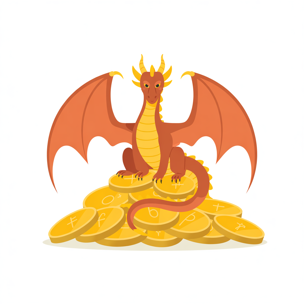 Flat vector illustration of a dragon on a treasure hoard