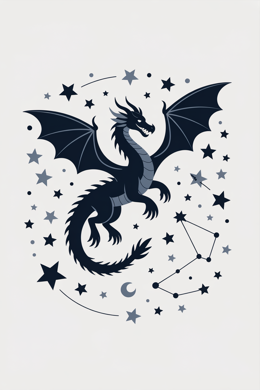 Flat vector illustration of a dragon flying among stars