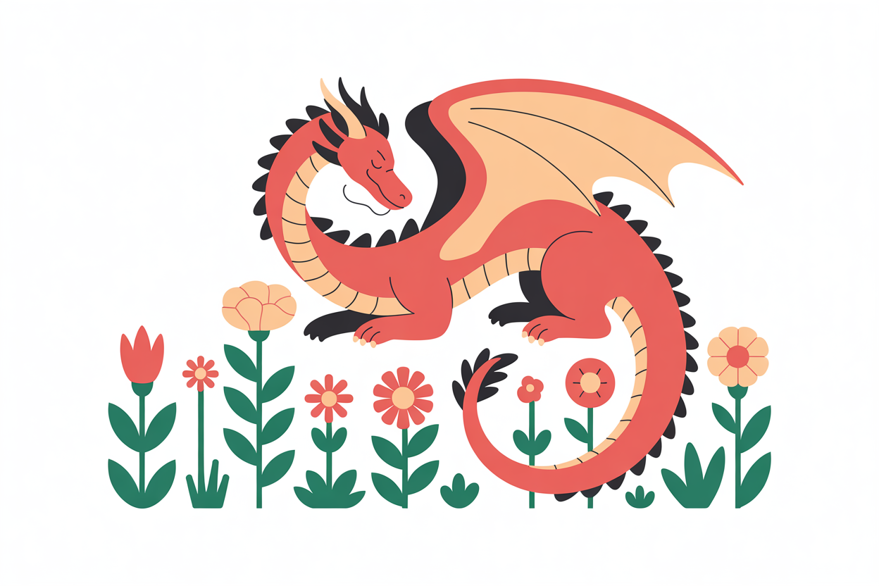 Flat vector illustration of a dragon tending a flower garden