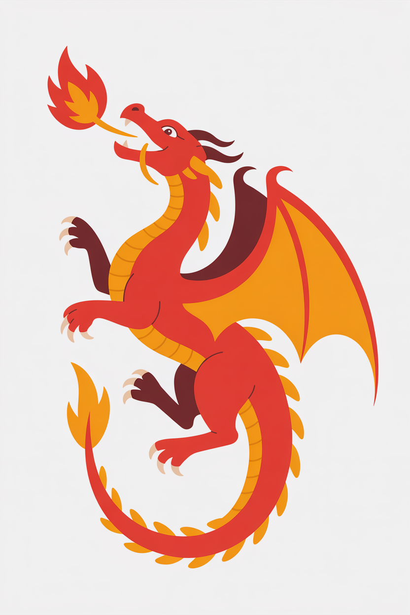 Flat vector illustration of a fire-breathing dragon