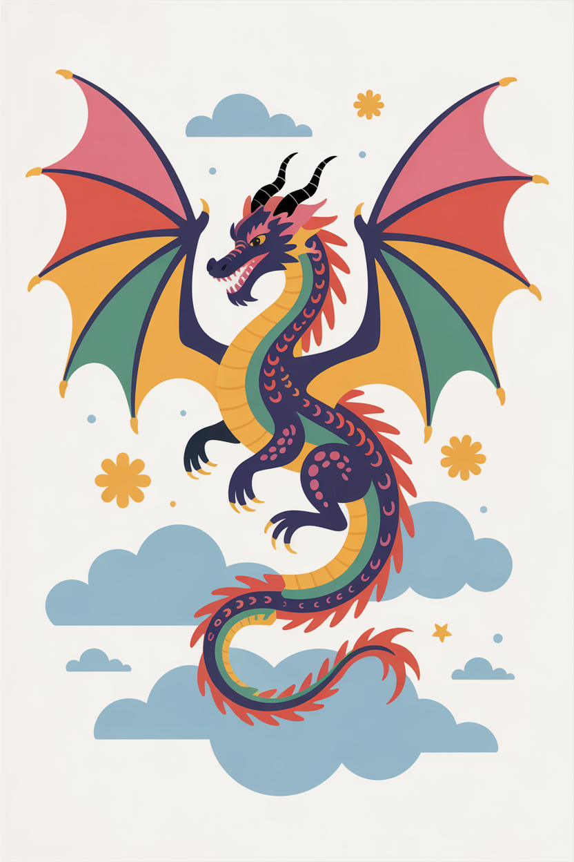 Flat vector illustration of a rainbow dragon