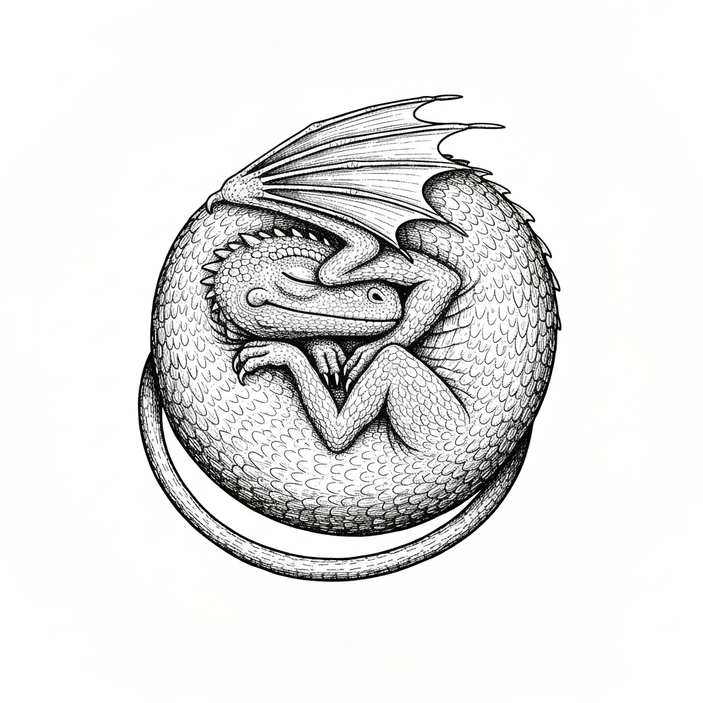 Line art illustration of a sleeping baby dragon