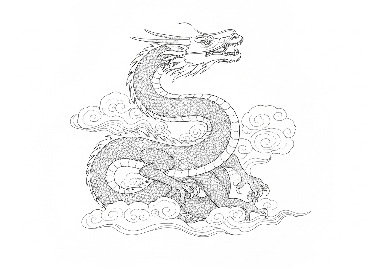 Line art illustration of a Chinese dragon