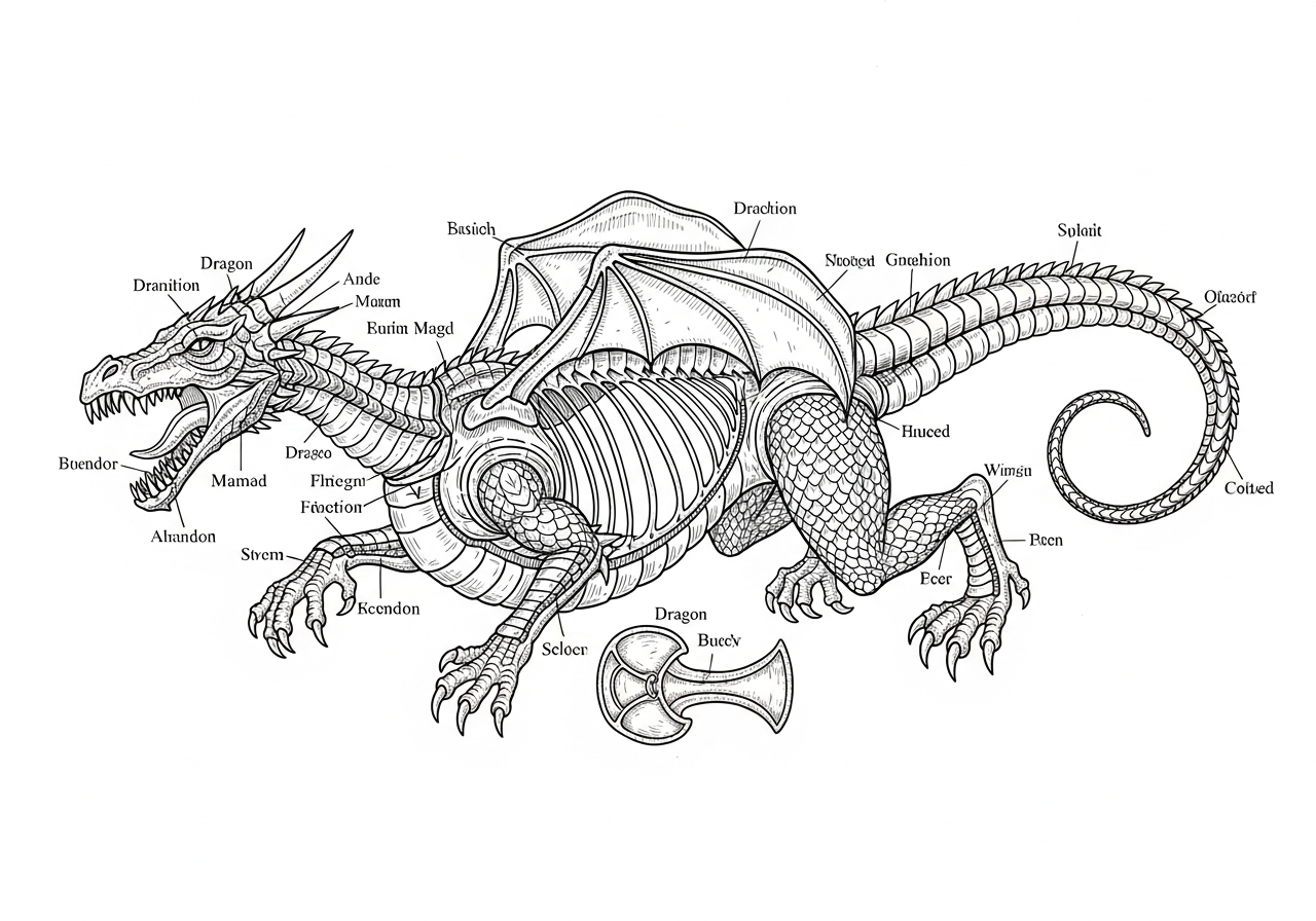 Line art illustration of dragon anatomy