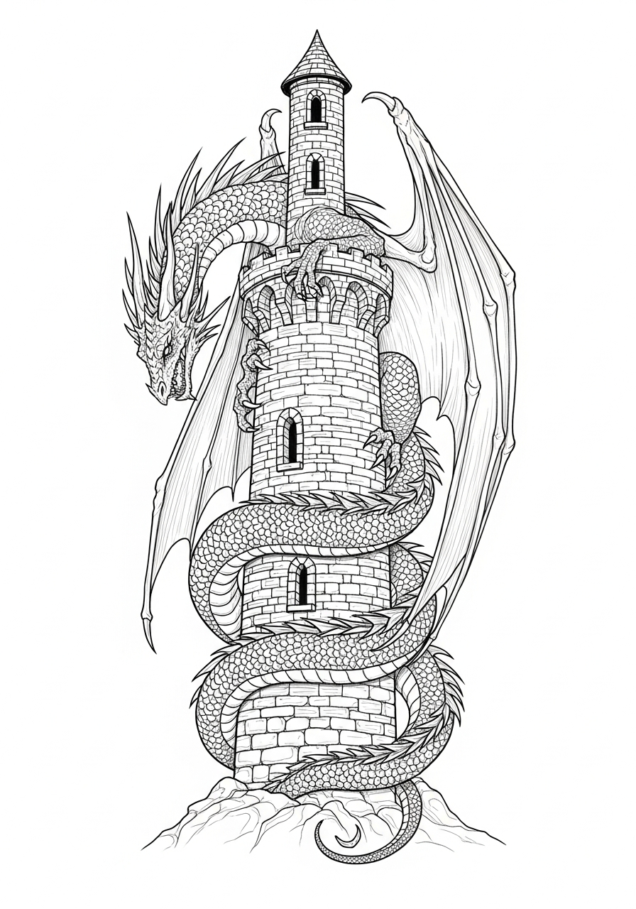 Line art illustration of a dragon and a tower