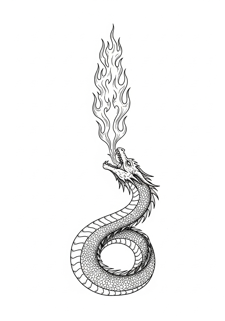 Line art illustration of a dragon breathing fire