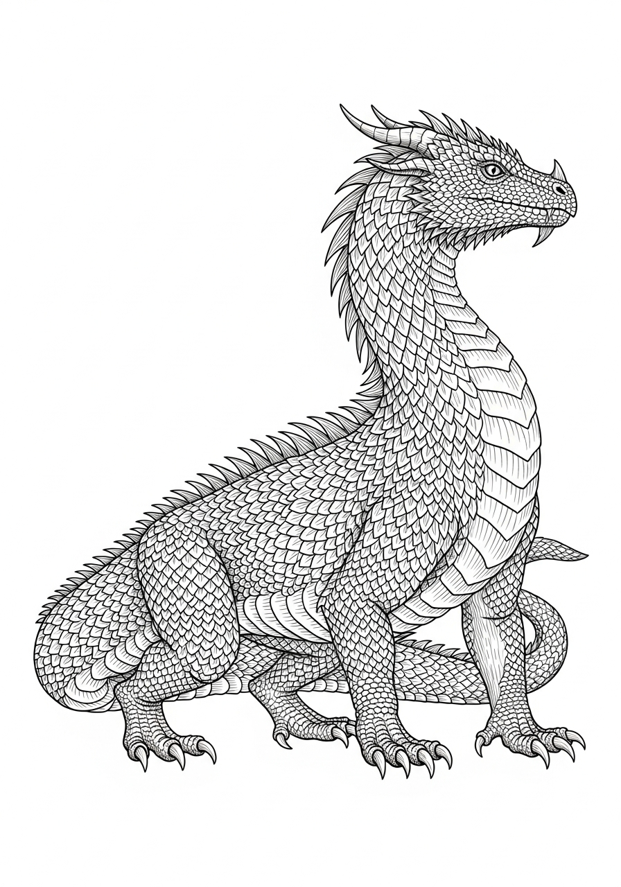 Line art illustration of a full-body dragon